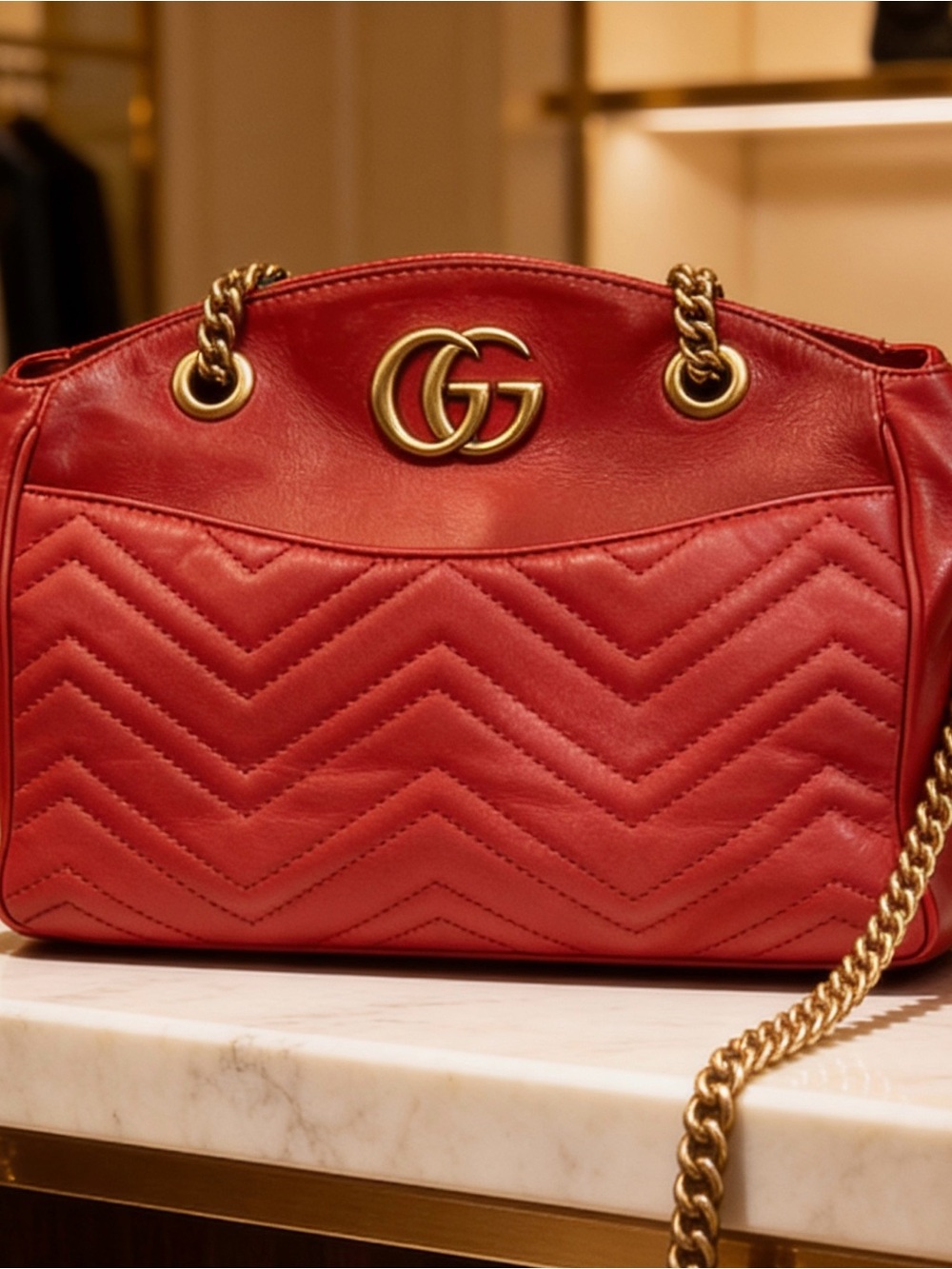 Gucci Red Quilted Chevron Leather Shoulder Bag with Gold Double G